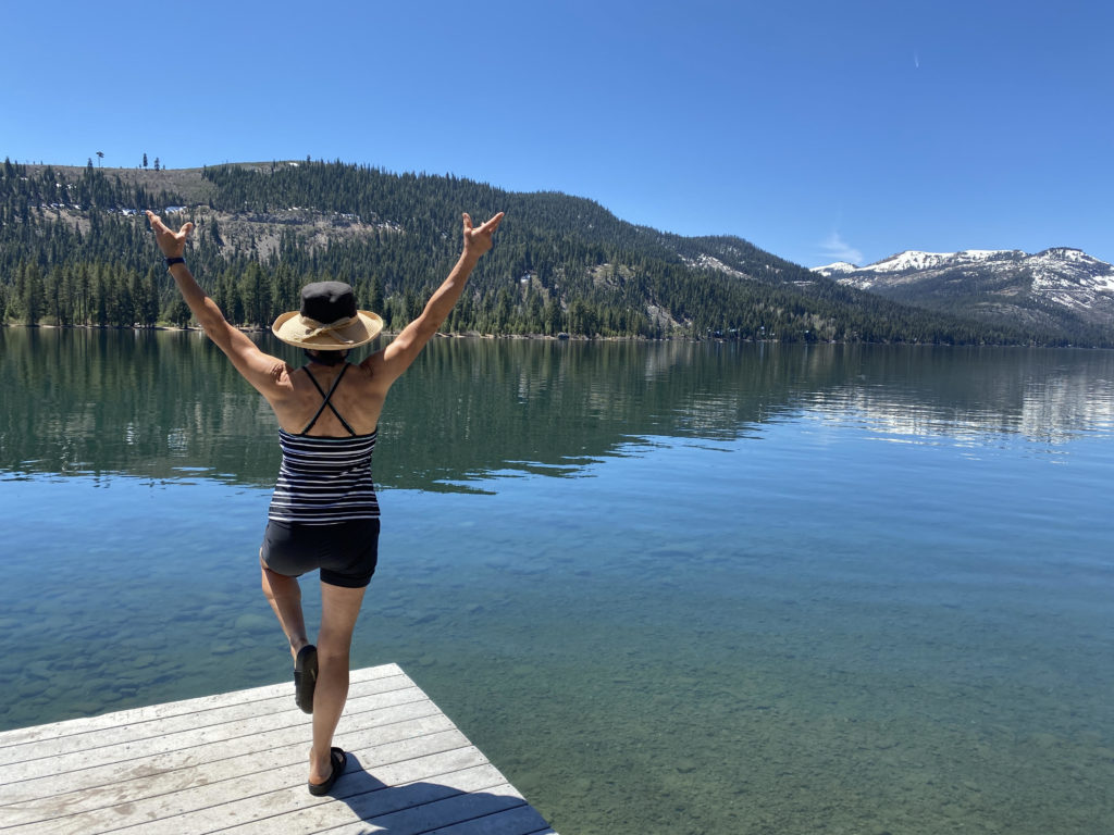 yoga on a donner lake dock in truckee