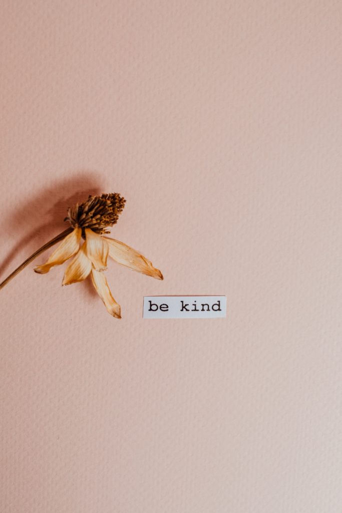 flower and words that say "be kind" on pastel pink background