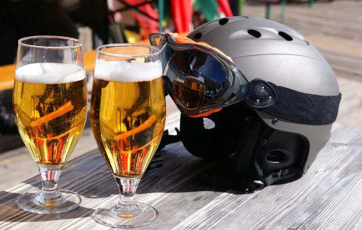 two beers and ski helmet at truckee brewery