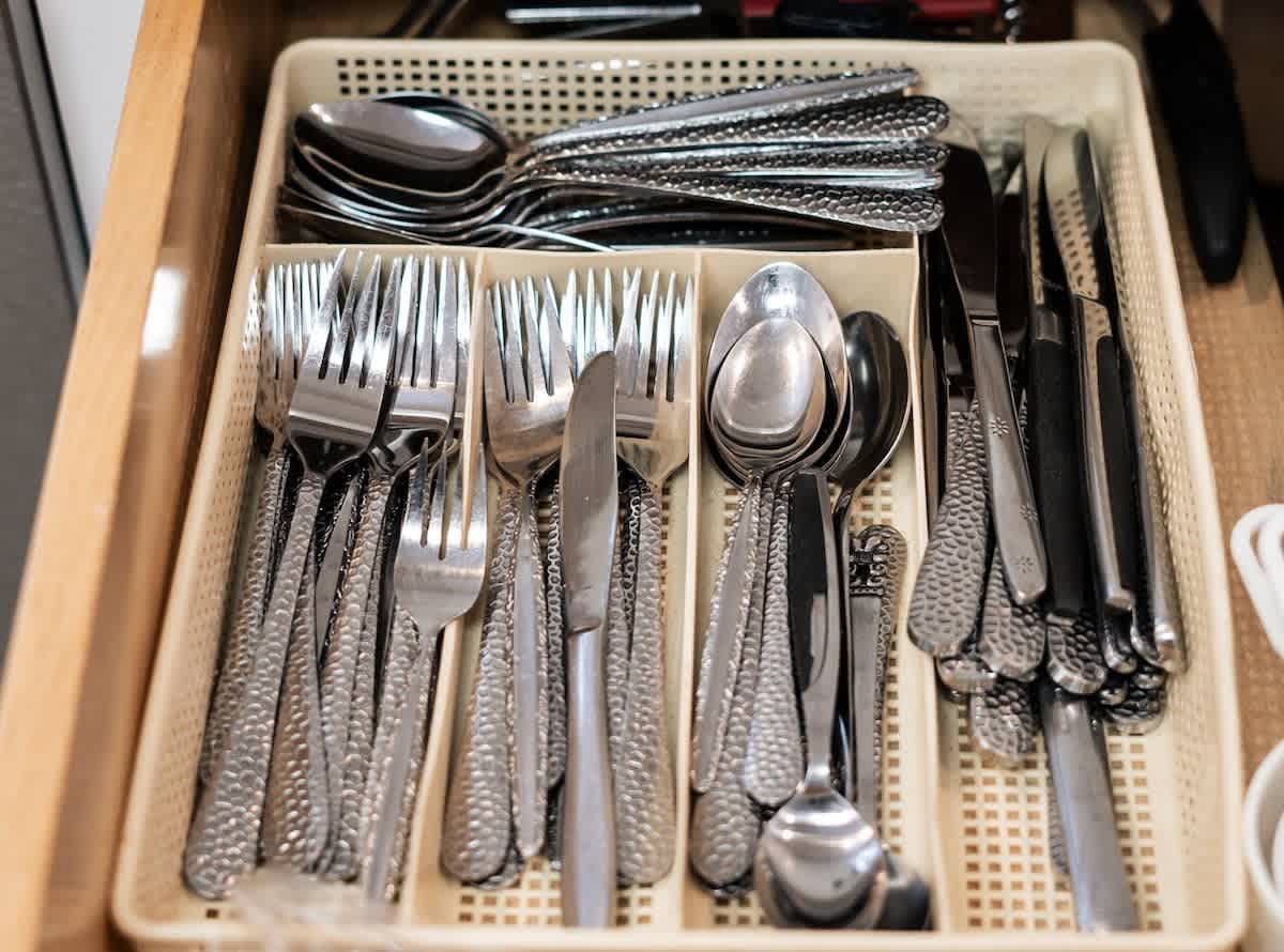 Drawer with neatly arranged silverware in a Truckee vacation rental kitchen.