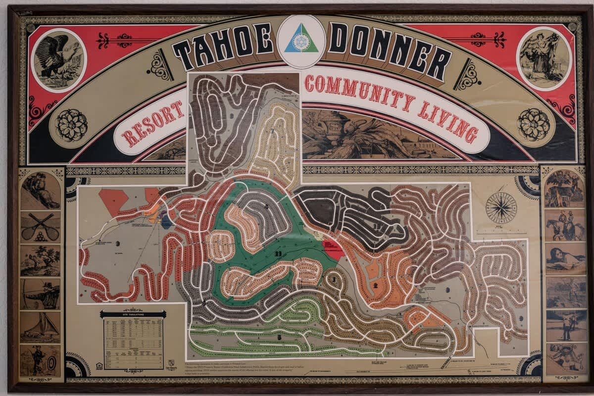 Map of Tahoe Donner resort community in Truckee, promoting vacation rentals with colorful routes and vintage illustrations.