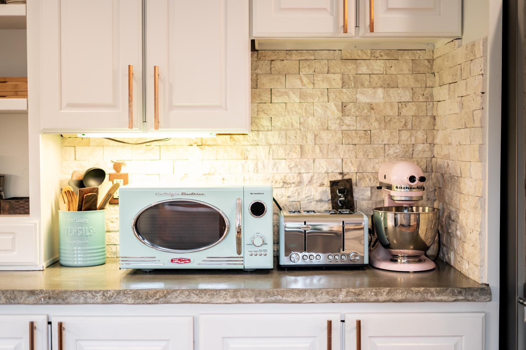 Retro kitchen appliances line a countertop in a Truckee vacation rental.