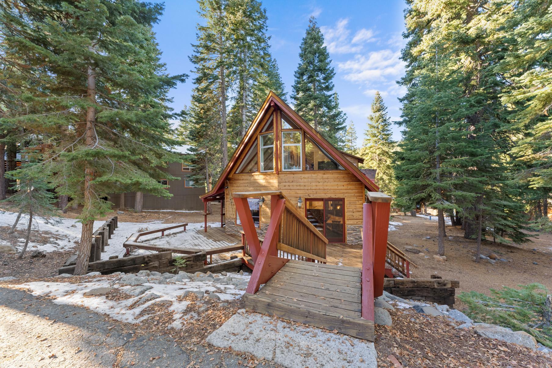 A-frame cabin nestled among pine trees in Tahoe Vista, ideal vacation rental for nature lovers and winter getaways.