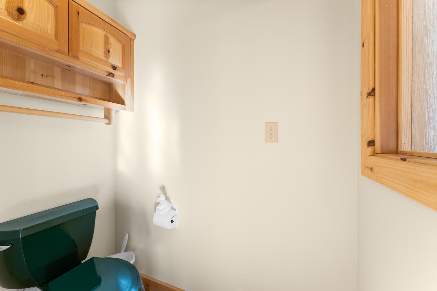 Truckee vacation rental bathroom with green toilet, wooden cabinet, and window.