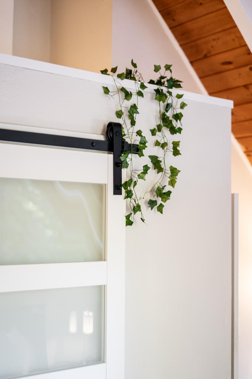 Modern sliding door with ivy in a Tahoe Vista vacation rental, under a wooden ceiling.