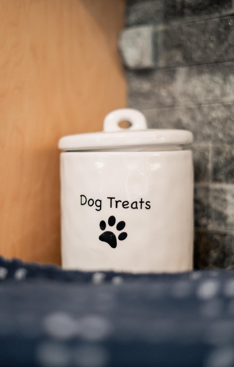 Ceramic jar labeled "Dog Treats" in a Truckee vacation rental kitchen.