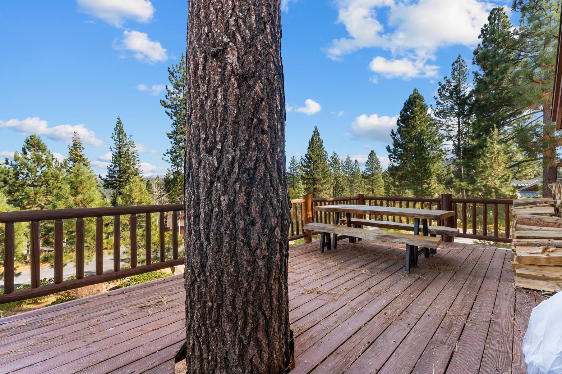 Deck with picnic table surrounded by pine trees at a Truckee vacation rental, offering stunning forest views.