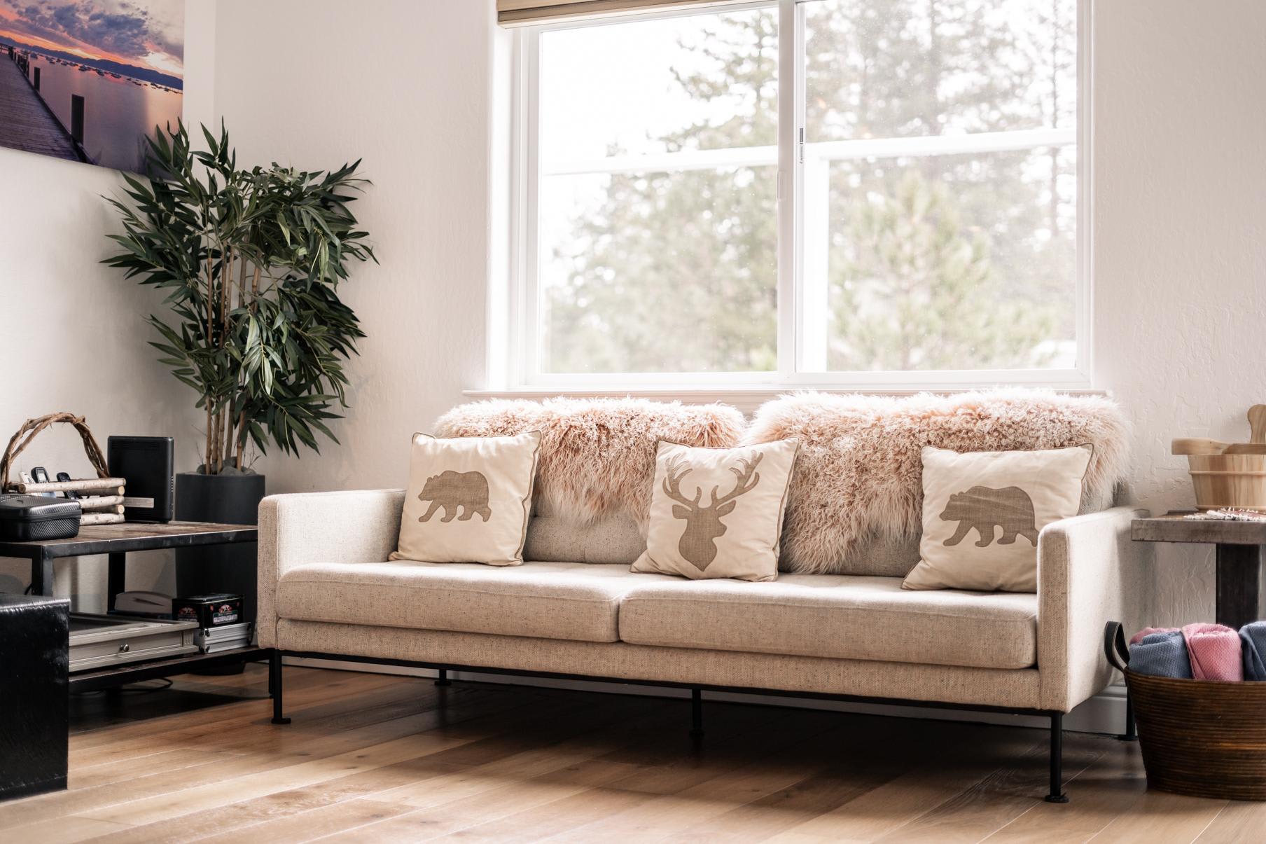 Cozy living room in a Truckee vacation rental with nature-themed pillows, lush plants, and large window.