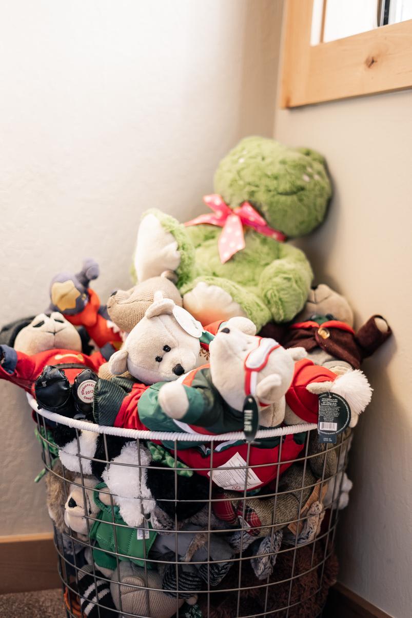 Stuffed toys in a basket in a Truckee vacation rental, featuring a large green bear with a pink ribbon.