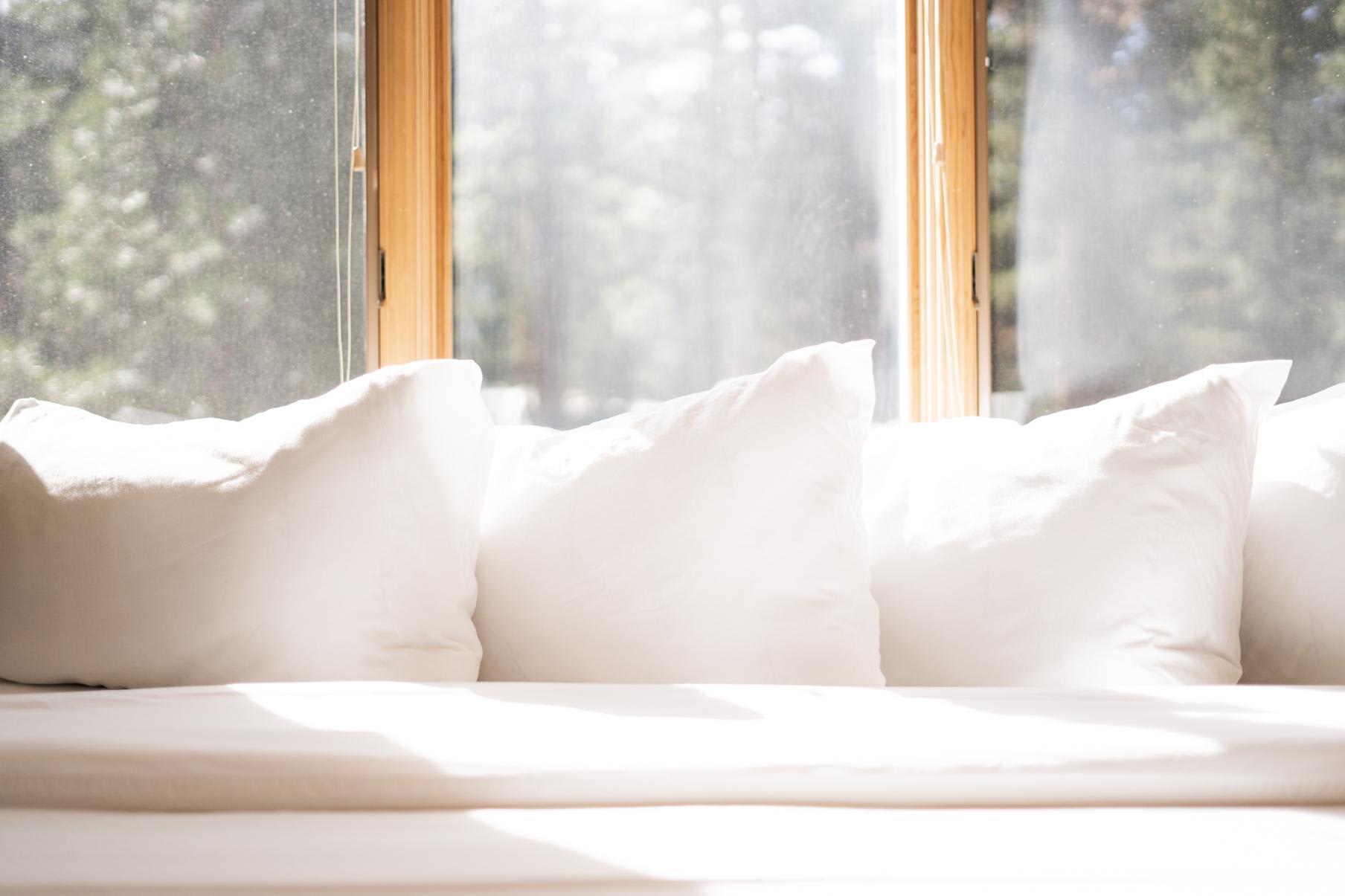 Bright window seat with white pillows in a Truckee vacation rental, overlooking a sunny wooded view.