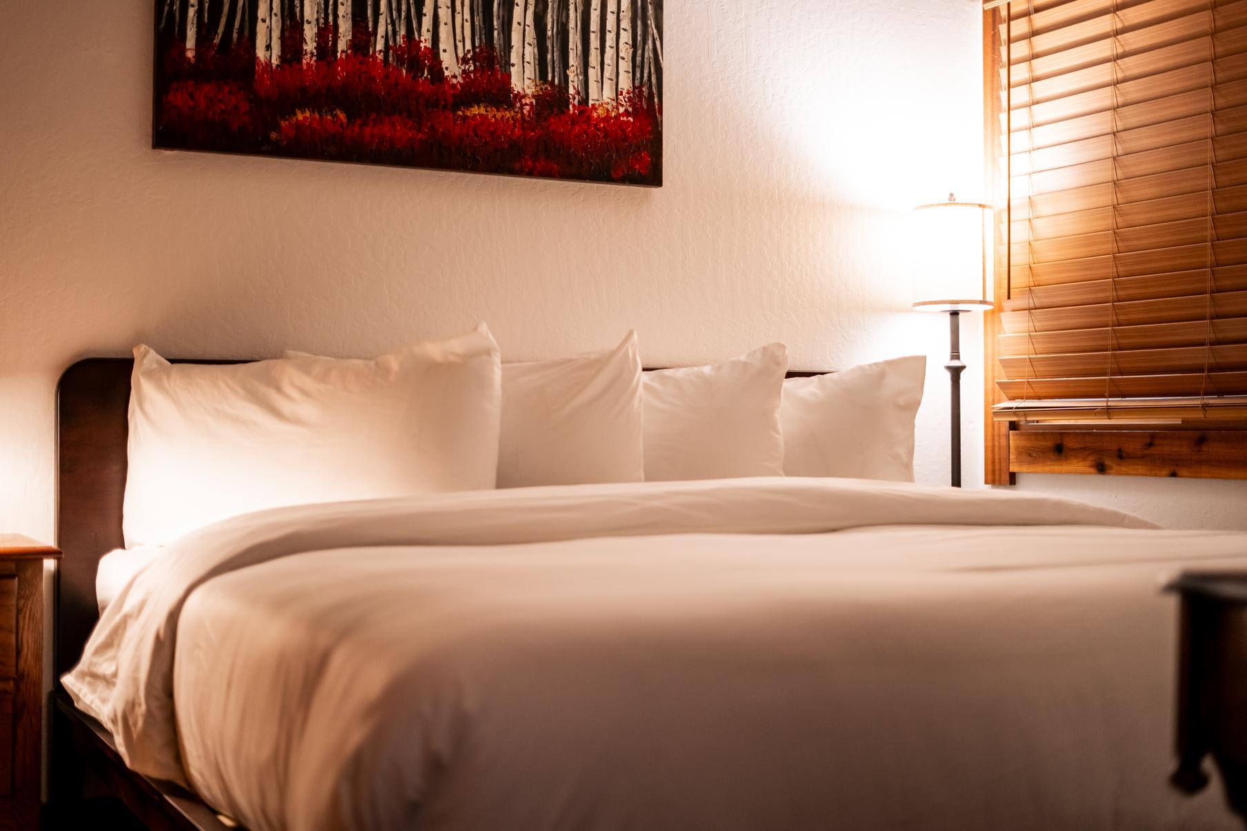 Cozy bedroom in a Truckee vacation rental with a plush bed, bright lamp, and scenic artwork on the wall.