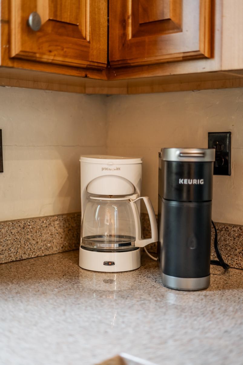 Coffee makers on a granite counter in a Truckee vacation rental kitchen.