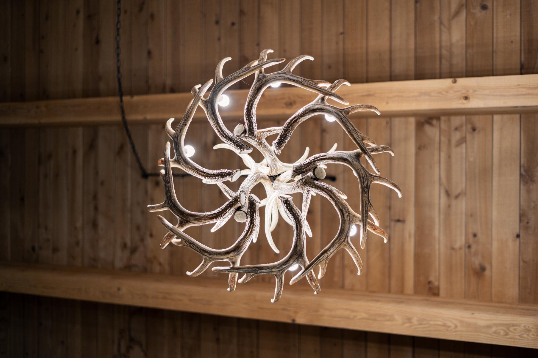 Antler chandelier hanging in a rustic wooden room of a Truckee vacation rental.