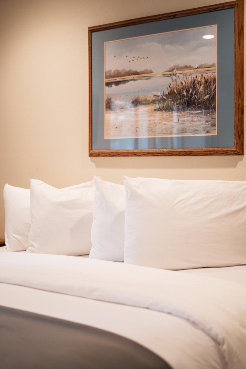 Cozy bed with white pillows beneath a framed painting in a Truckee vacation rental room.