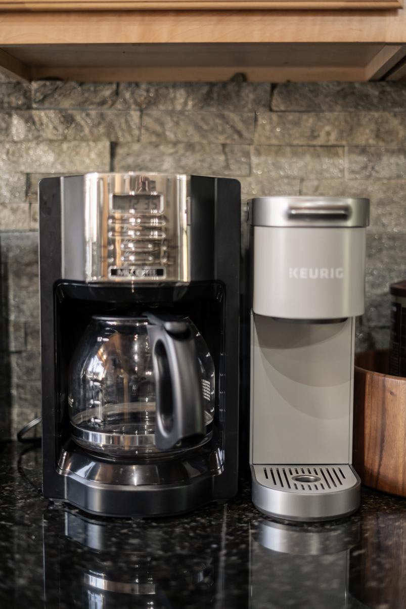 Coffee makers on a granite counter in a Truckee vacation rental kitchen.