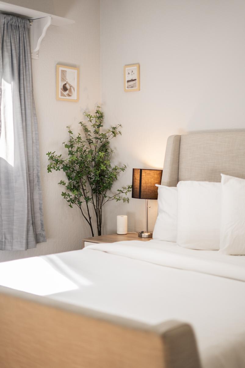 Cozy bedroom in Truckee vacation rental with beige headboard, bedside lamp, green plant, and framed art on walls.