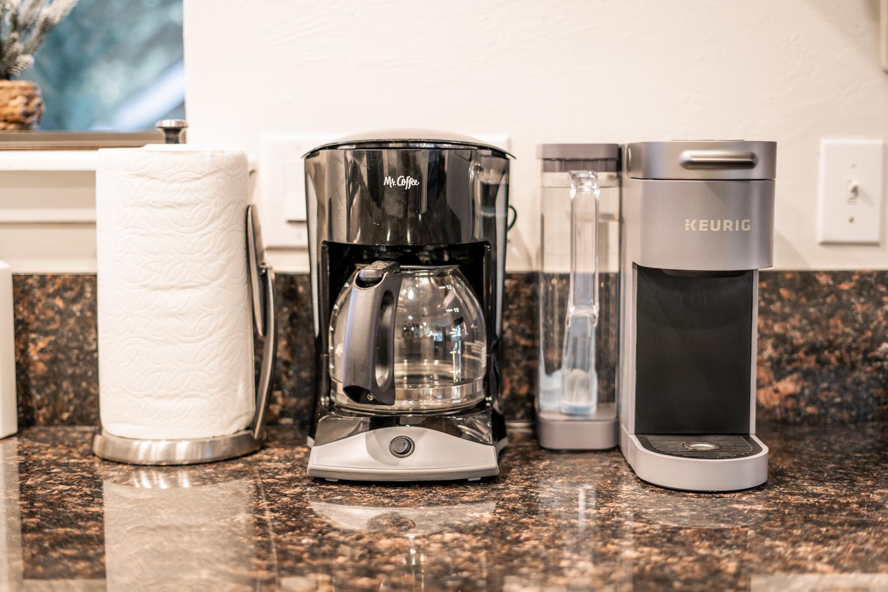 Coffee makers and paper towels on a kitchen counter in a Tahoe Vista vacation rental.