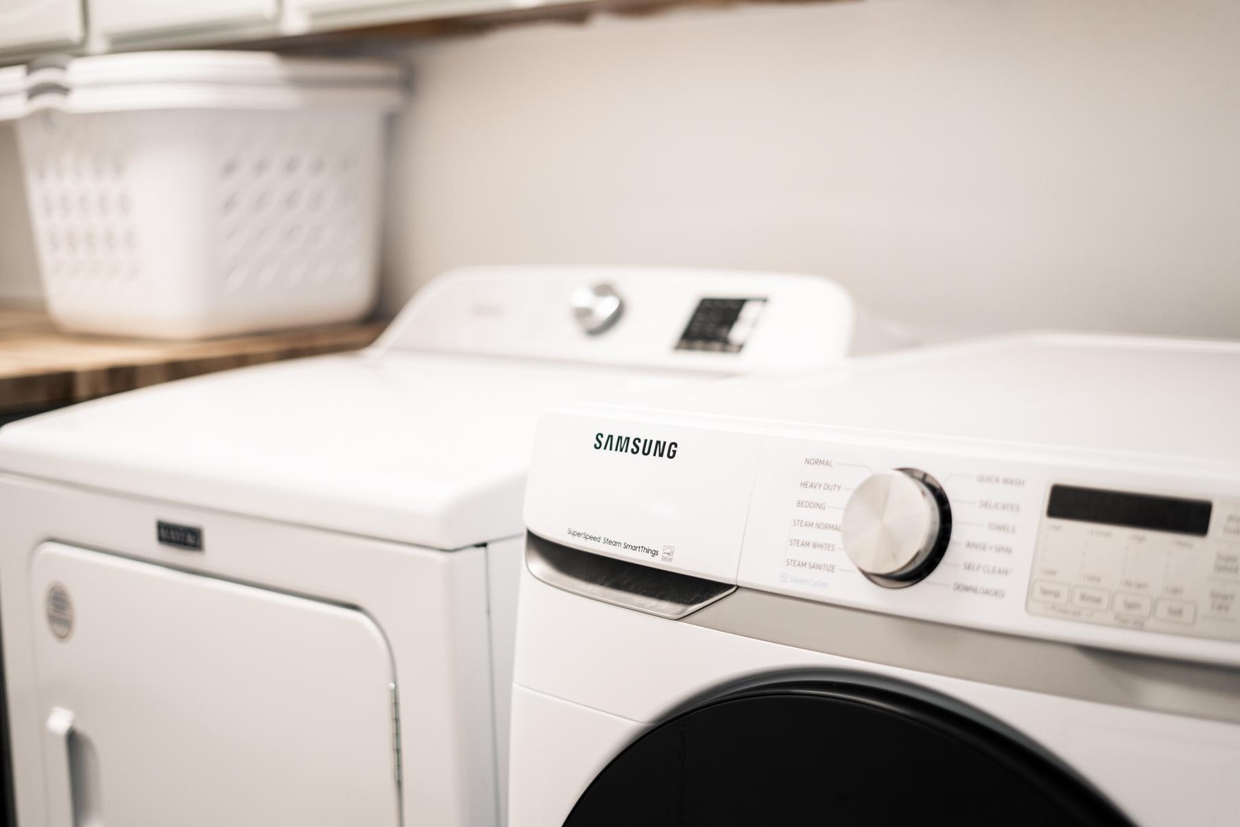 Laundry room with washer and dryer in a Truckee vacation rental.