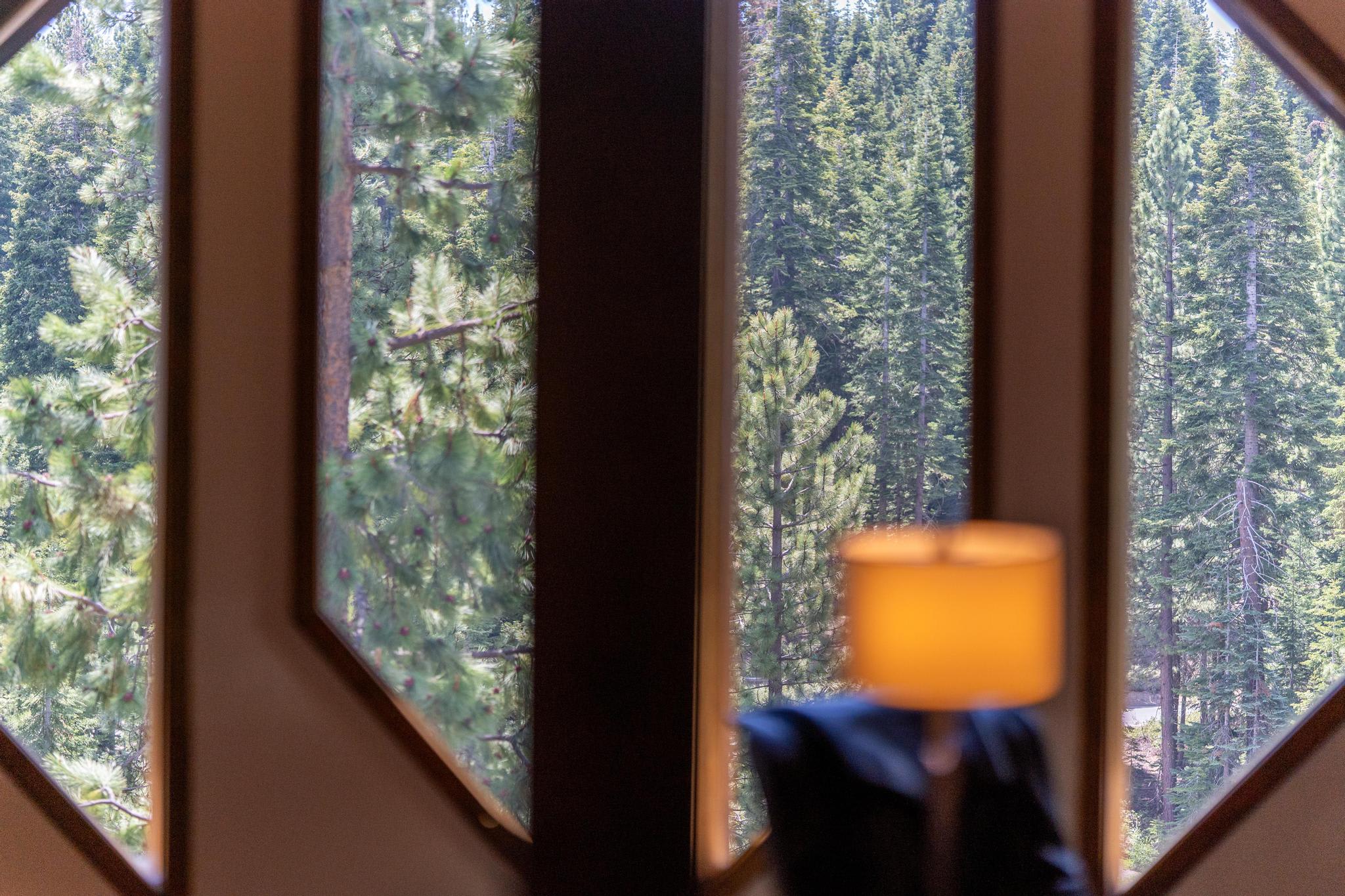 Forest view through windows at a Tahoe Vista vacation rental, with a cozy lamp inside.