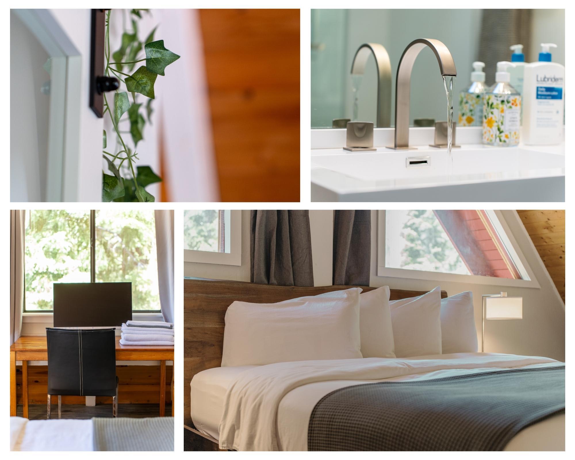Modern Tahoe Vista vacation rental with cozy bedroom, sleek bathroom, workspace, and lush greenery accents.
