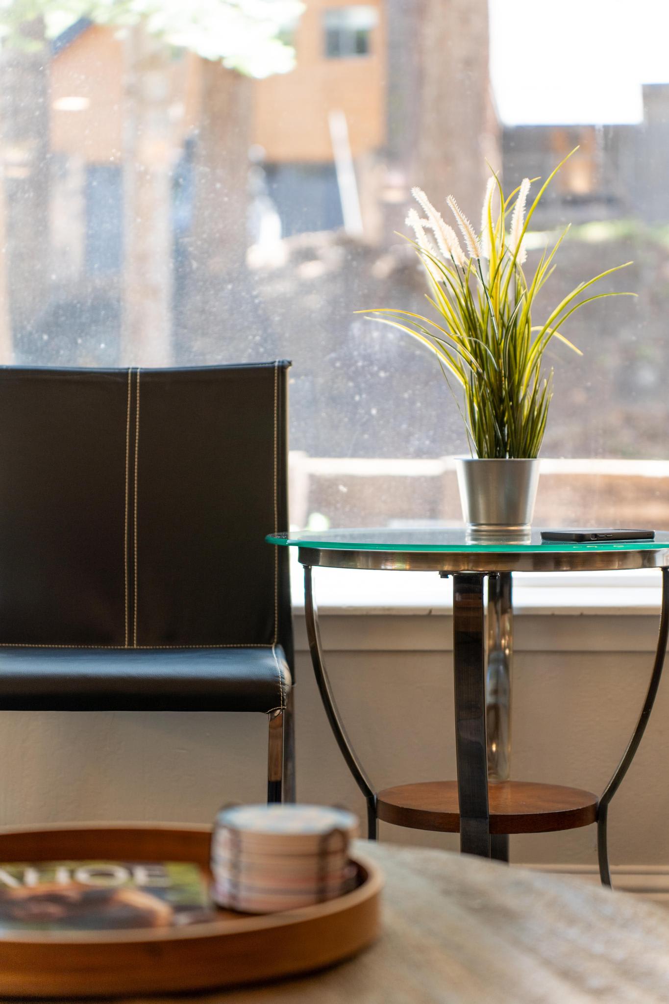 Modern Tahoe Vista vacation rental with sleek chair, glass table, and potted plant against a bright window view.