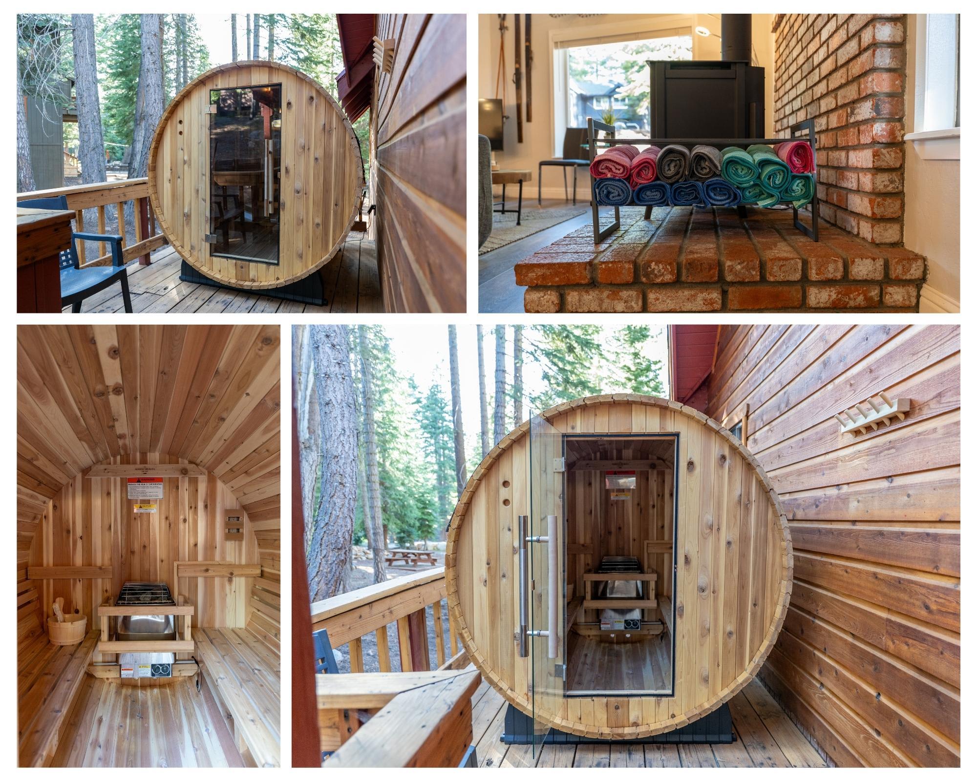 Outdoor sauna and cozy interior of a vacation rental in Tahoe Vista with stacked towels by a brick fireplace.