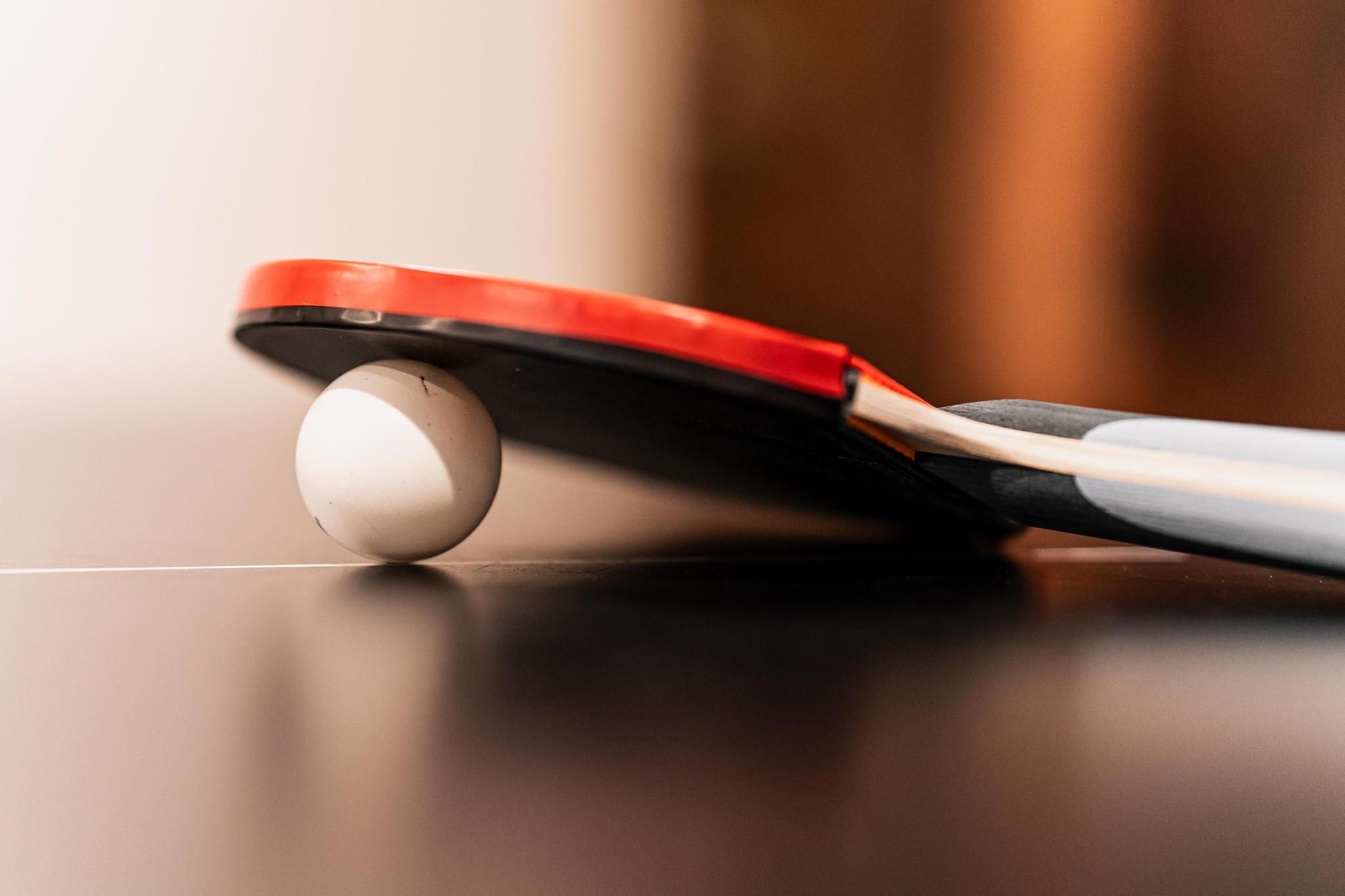 Close-up of a ping pong paddle and ball in a Tahoe Vista vacation rental.