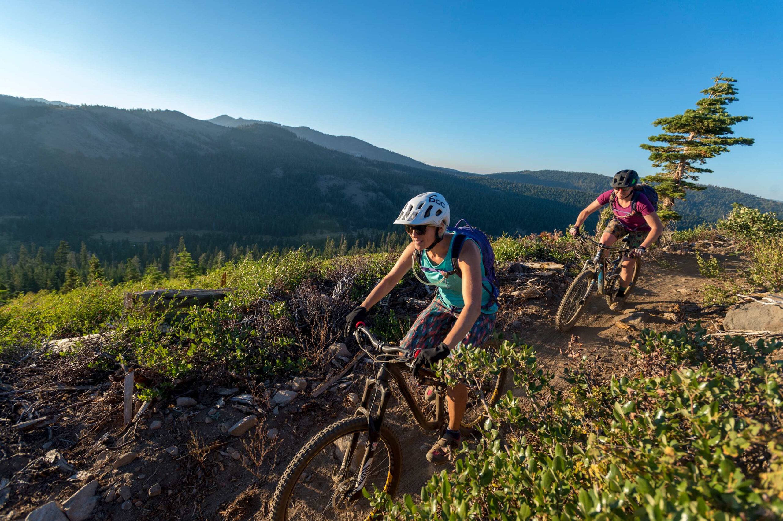 Cyclists enjoy a sunny trail near Truckee, perfect for vacation rental adventures in the mountains.
