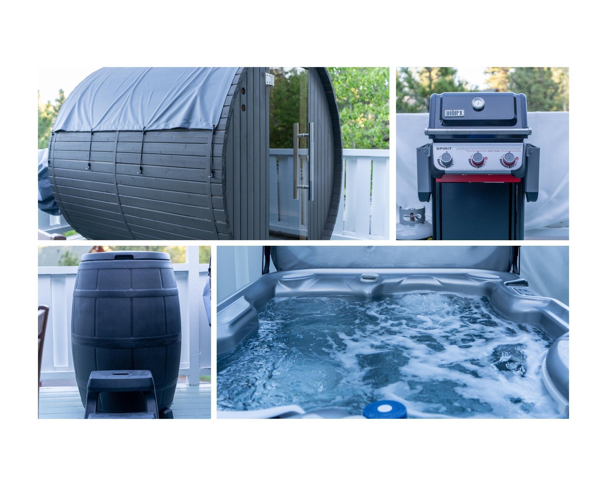 Outdoor amenities at a Truckee vacation rental: sauna, grill, rain barrel, and a bubbling hot tub surrounded by nature.