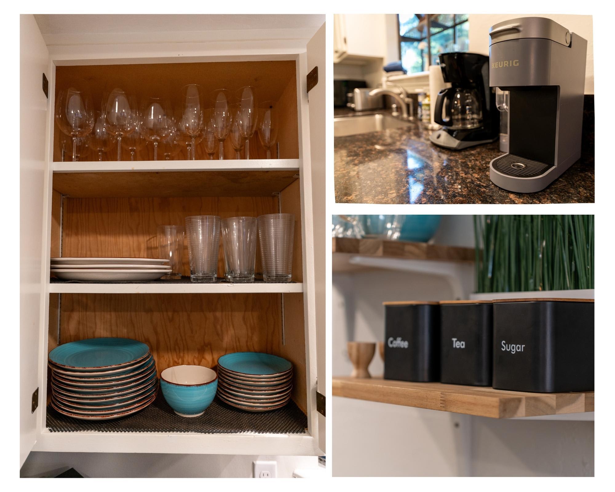 Kitchen amenities in a Tahoe Vista vacation rental, featuring dishware, a coffee maker, and tins labeled Coffee, Tea, Sugar.