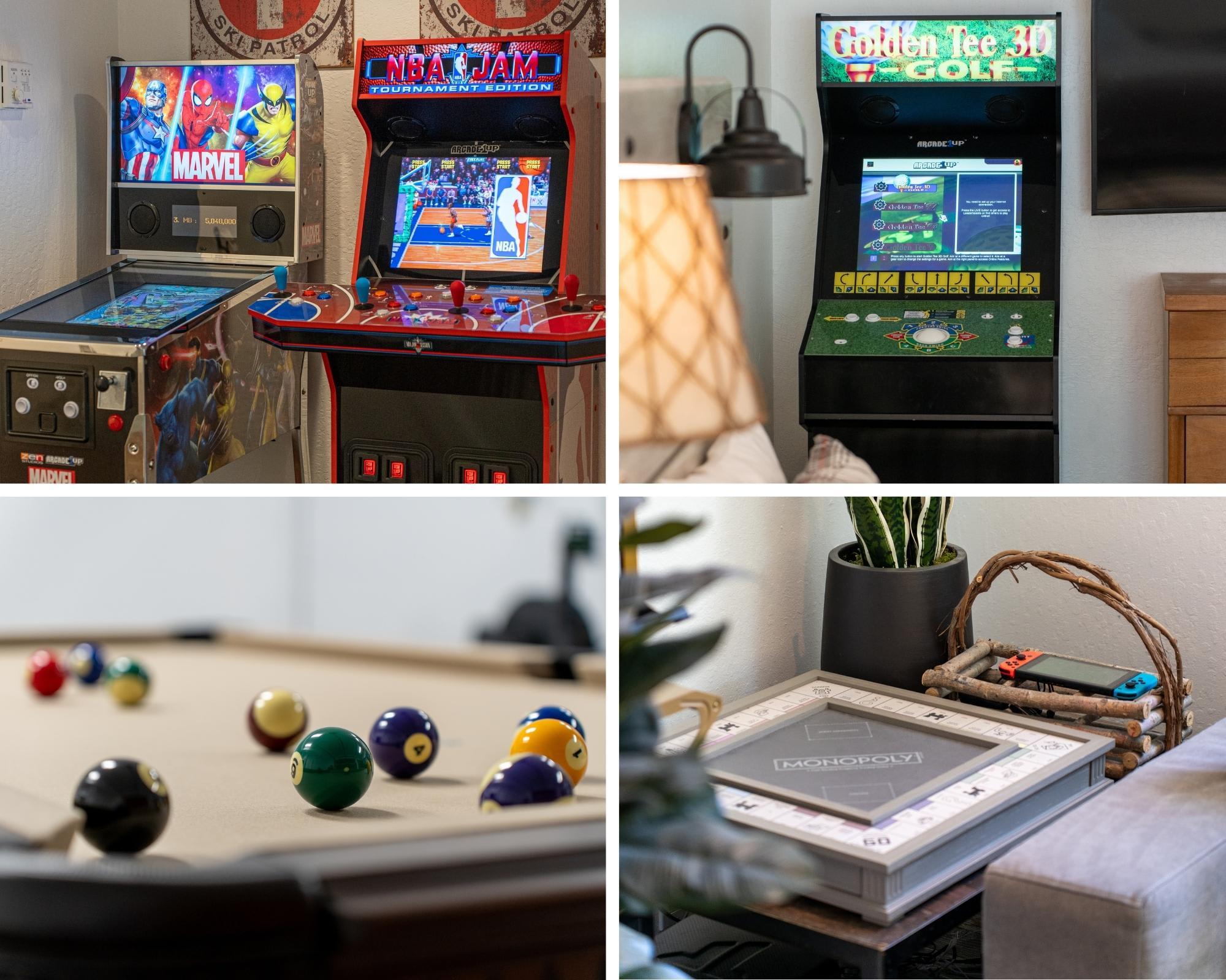 Arcade games, pool table, and board games in a Truckee vacation rental, offering entertainment for guests.