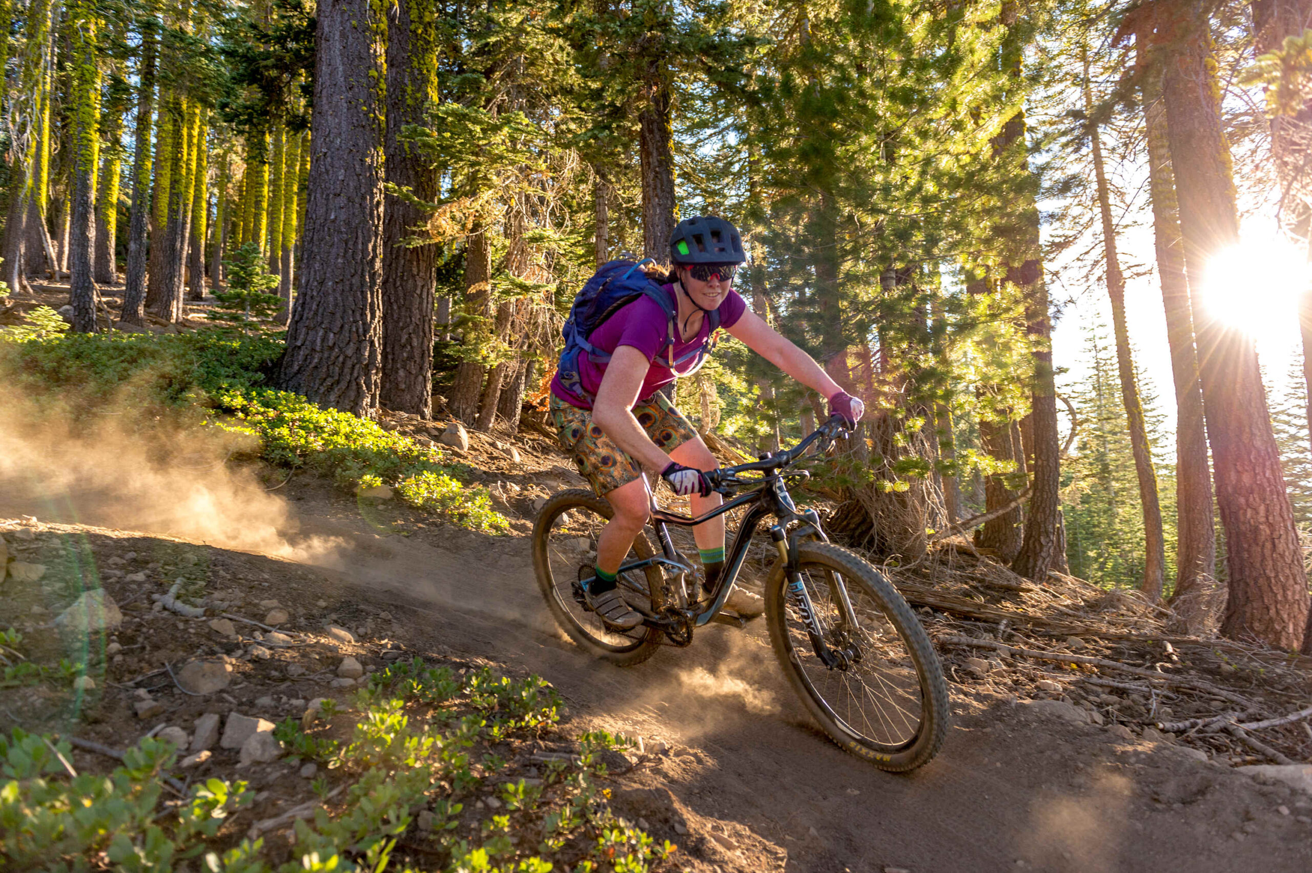 Mountain biker on a forest trail in Truckee, ideal for adventure seekers booking a vacation rental.