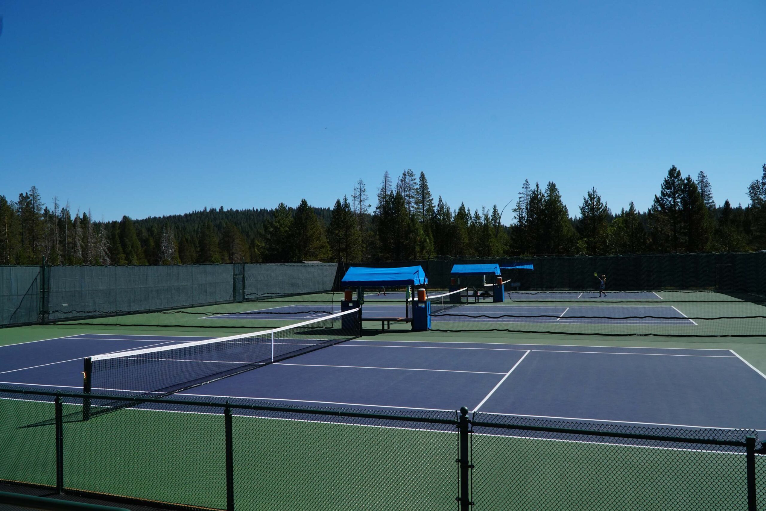 Tennis courts under clear skies at a Truckee vacation rental, surrounded by pine trees.