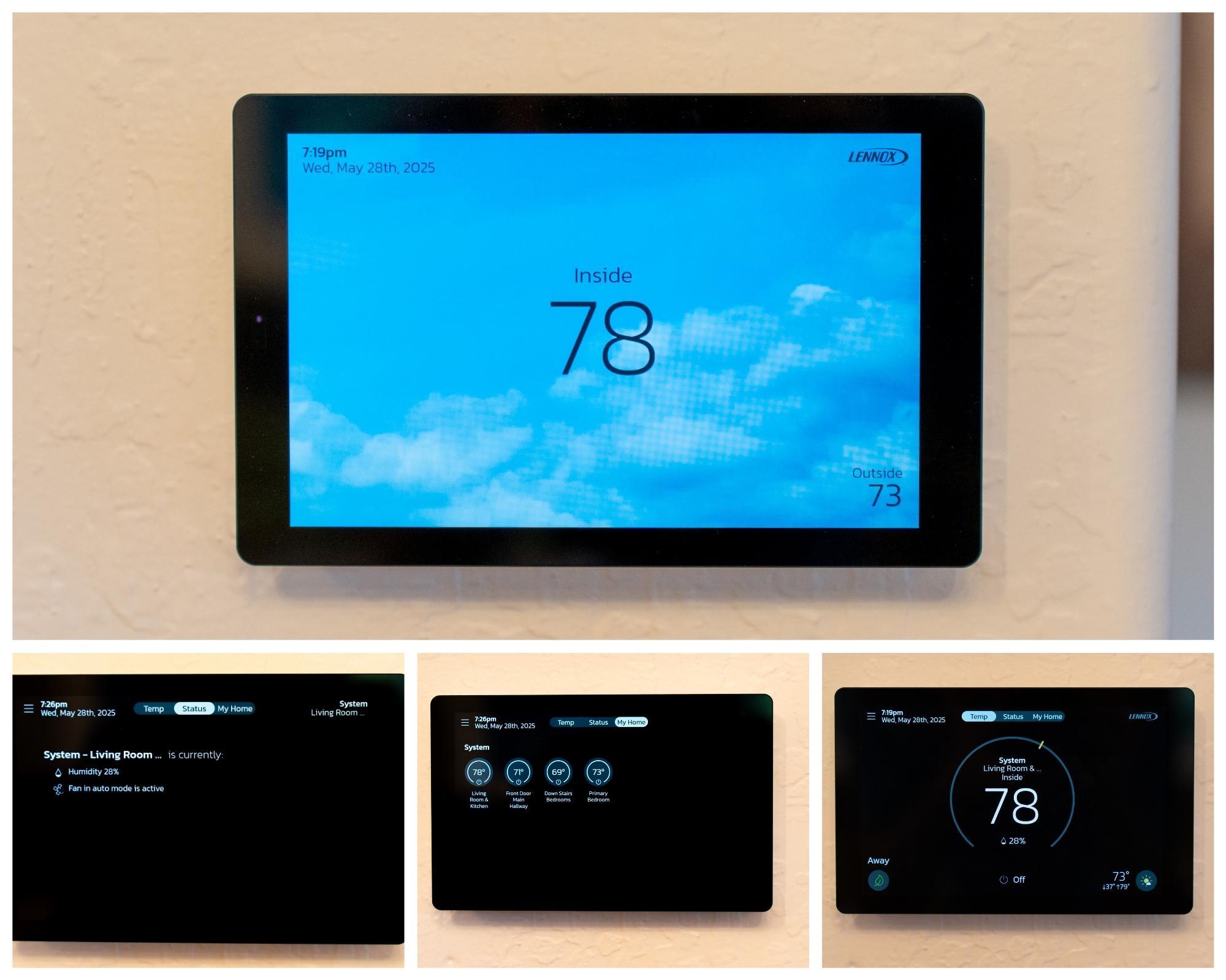 Smart home thermostat panels in a Truckee vacation rental, displaying indoor temperature and system status.