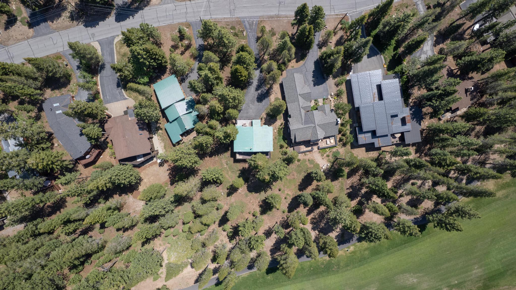 Aerial view of homes surrounded by trees in Truckee, ideal for a scenic vacation rental getaway.