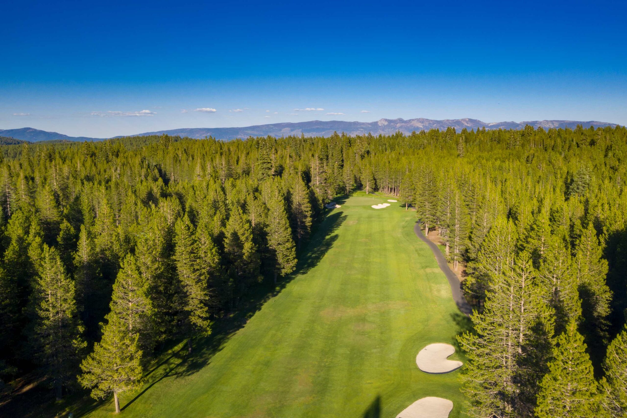 Aerial view of a golf course surrounded by trees in Truckee, ideal for a serene vacation rental experience.