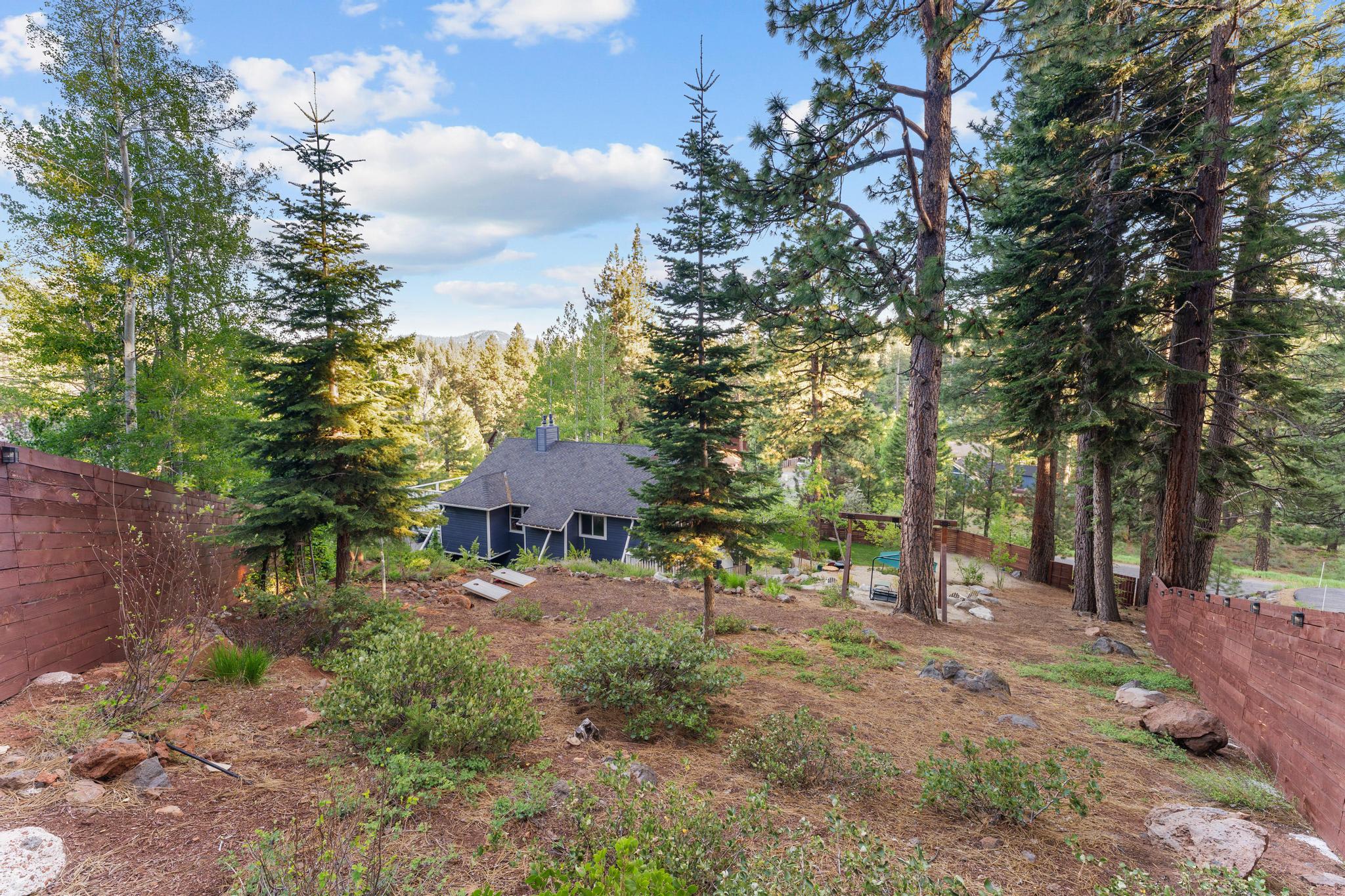 Scenic view of a vacation rental in Truckee, surrounded by lush trees and mountains under a blue sky.