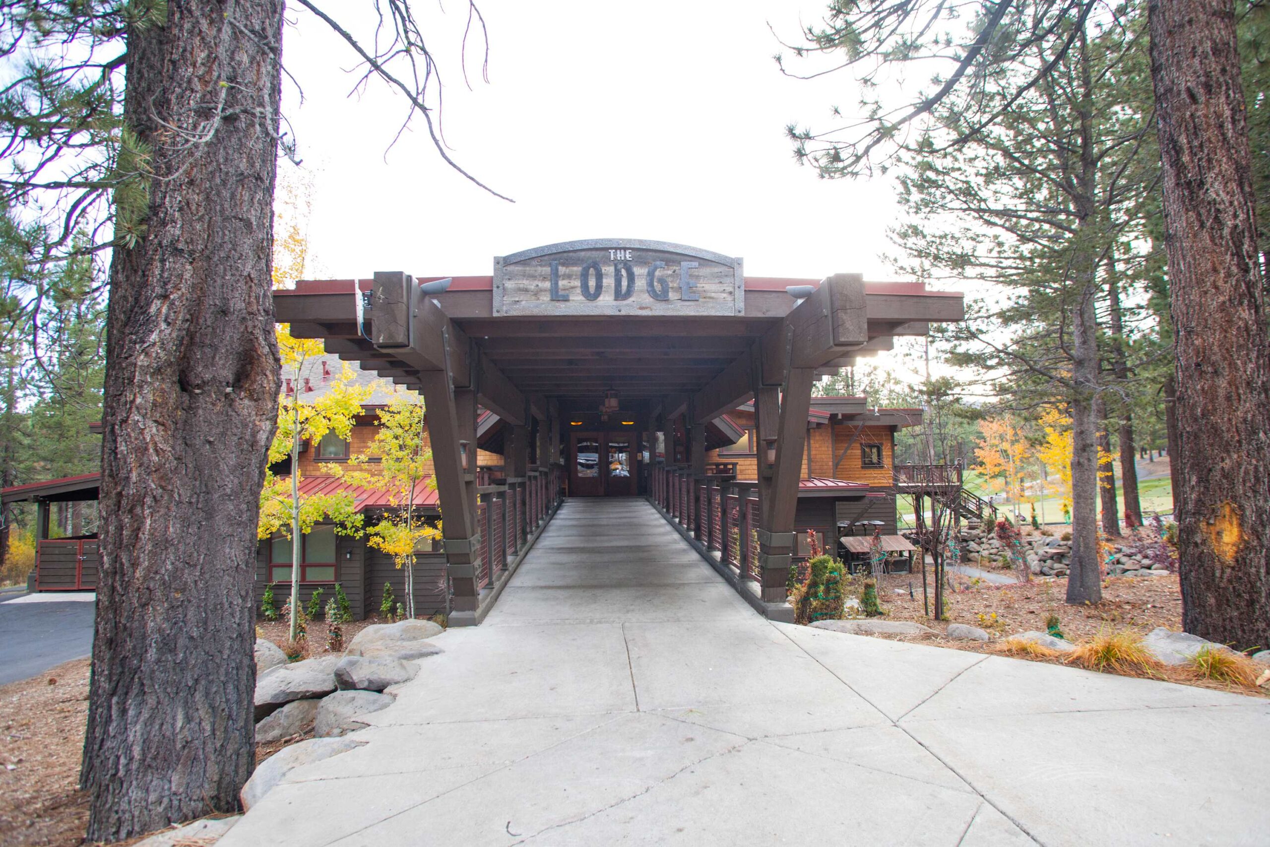 Entrance to a rustic vacation rental lodge in Truckee, surrounded by tall trees and autumn foliage.
