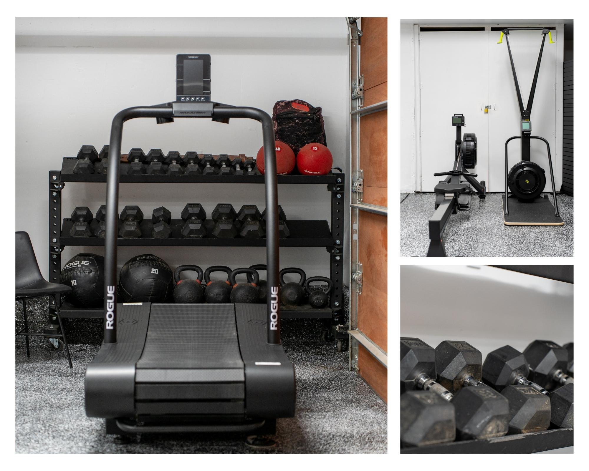 Home gym in Truckee vacation rental with treadmill, dumbbells, kettle balls, and rowing machine for guest use.