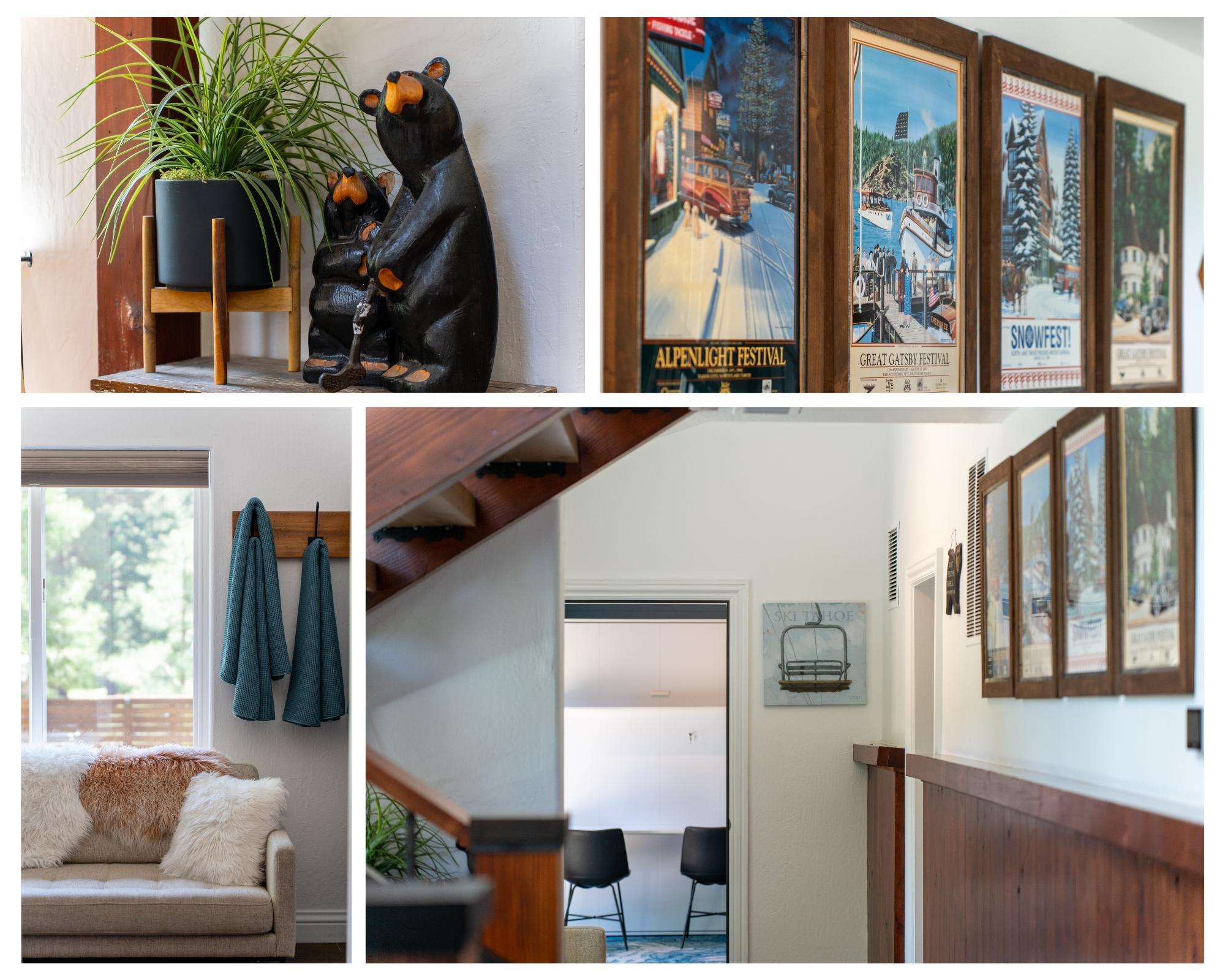 Cozy Truckee vacation rental with bear decor, vintage posters, and a plush, inviting sitting area.