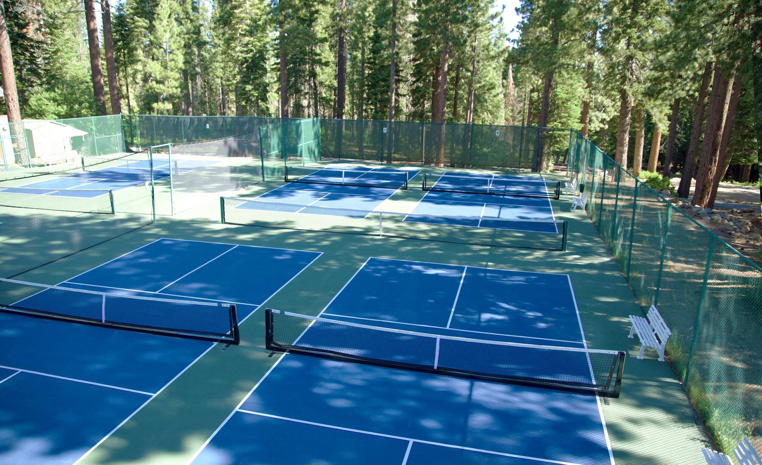 Tennis courts surrounded by trees at a Truckee vacation rental, offering a serene outdoor setting.