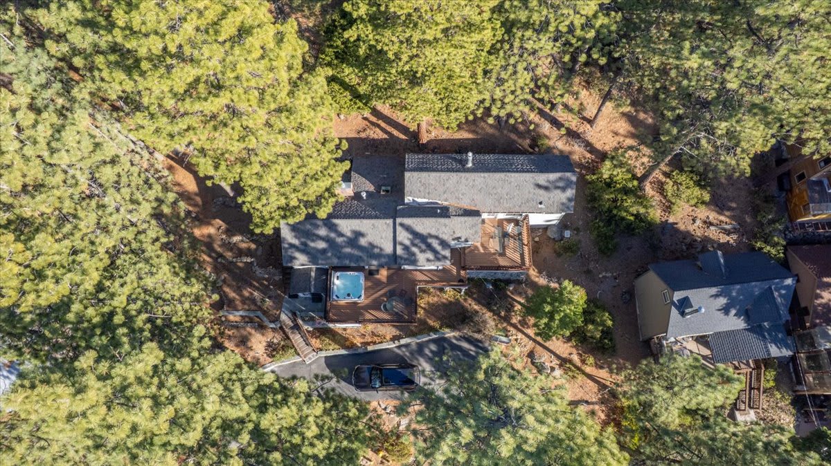 Aerial view of a secluded vacation rental surrounded by trees in Kings Beach, featuring a deck and hot tub.