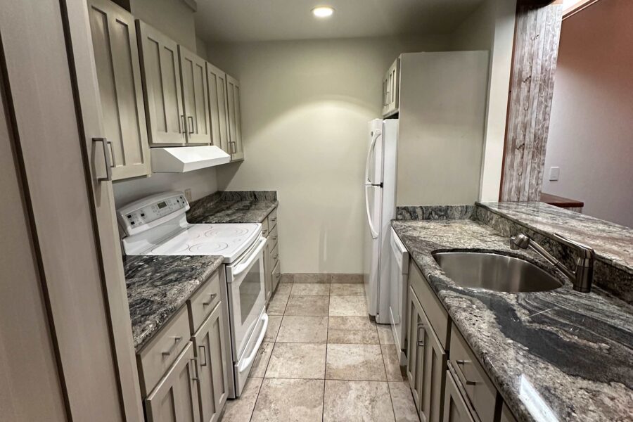Modern kitchen with granite counters in Kings Beach vacation rental, featuring tiled floor and white appliances.