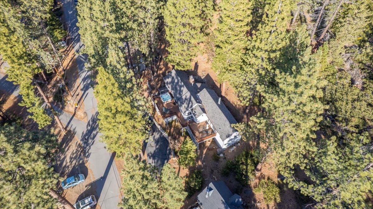 Aerial view of a Kings Beach vacation rental surrounded by tall pine trees and nearby roads.