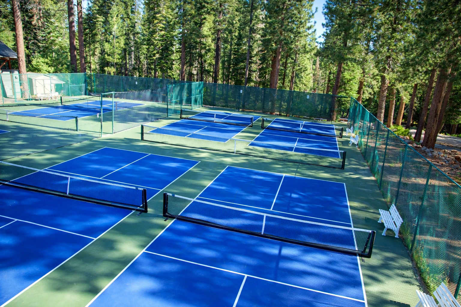 Outdoor pickleball courts surrounded by trees at a Truckee vacation rental.