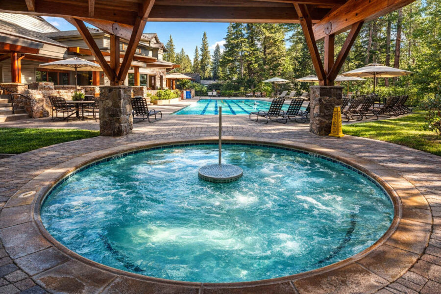 Outdoor hot tub and pool at a Truckee vacation rental, surrounded by trees and lounge chairs under umbrellas.