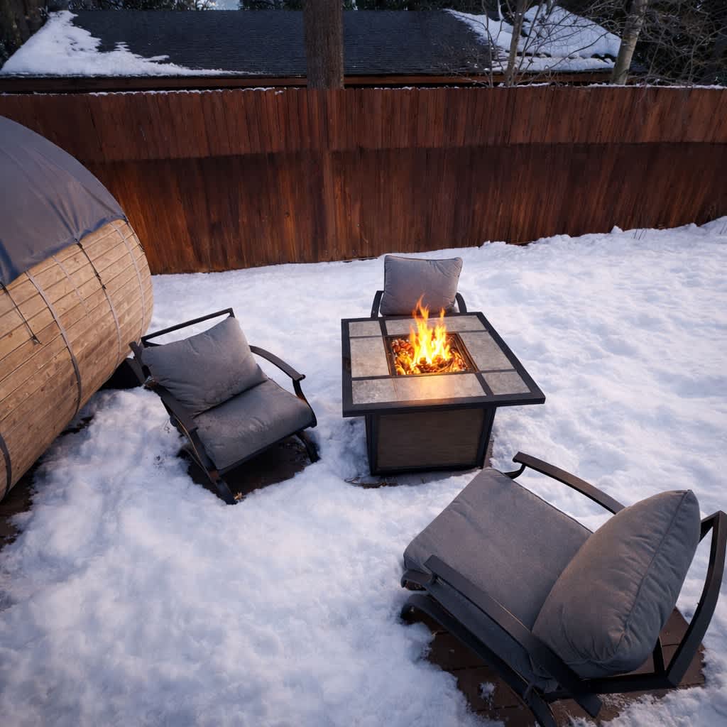 Cozy Truckee vacation rental backyard with fire pit, cushioned chairs, and snow-covered ground.