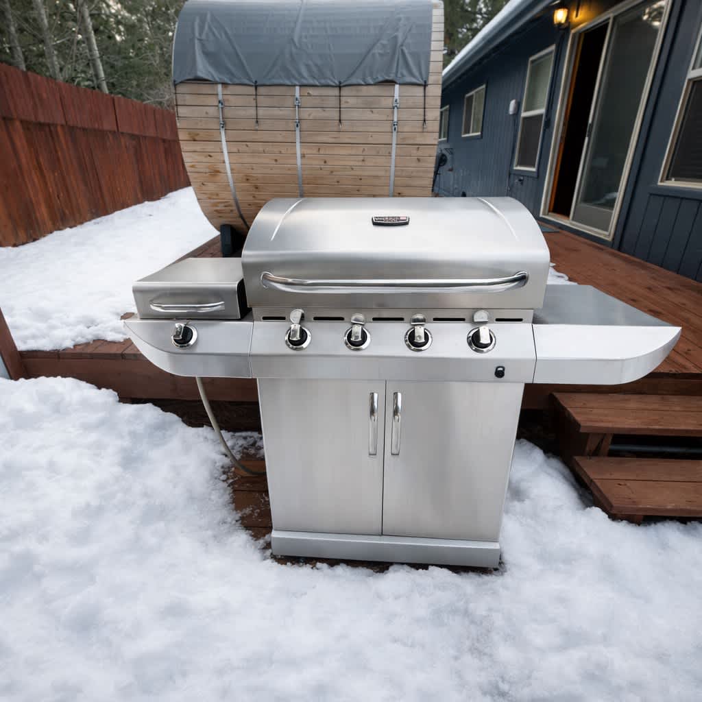 Outdoor grill on snowy patio of a Truckee vacation rental, with a wooden sauna in the background.