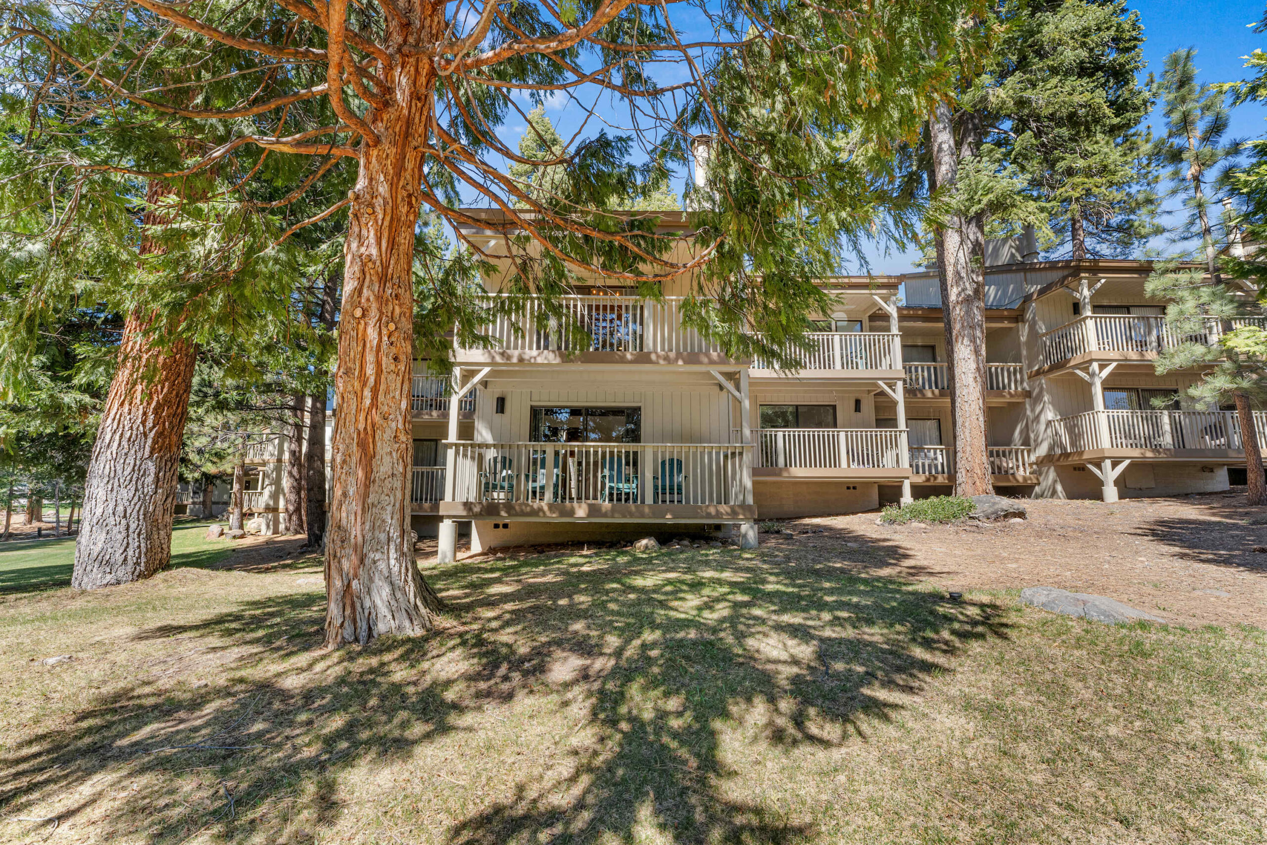 Wooden vacation rental in Kings Beach among tall trees with spacious balconies and clear blue skies above.