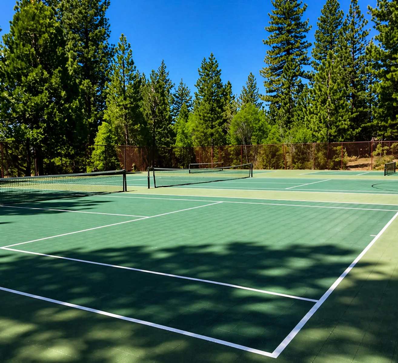 Tennis courts surrounded by pine trees at a vacation rental in Kings Beach, under a clear blue sky.